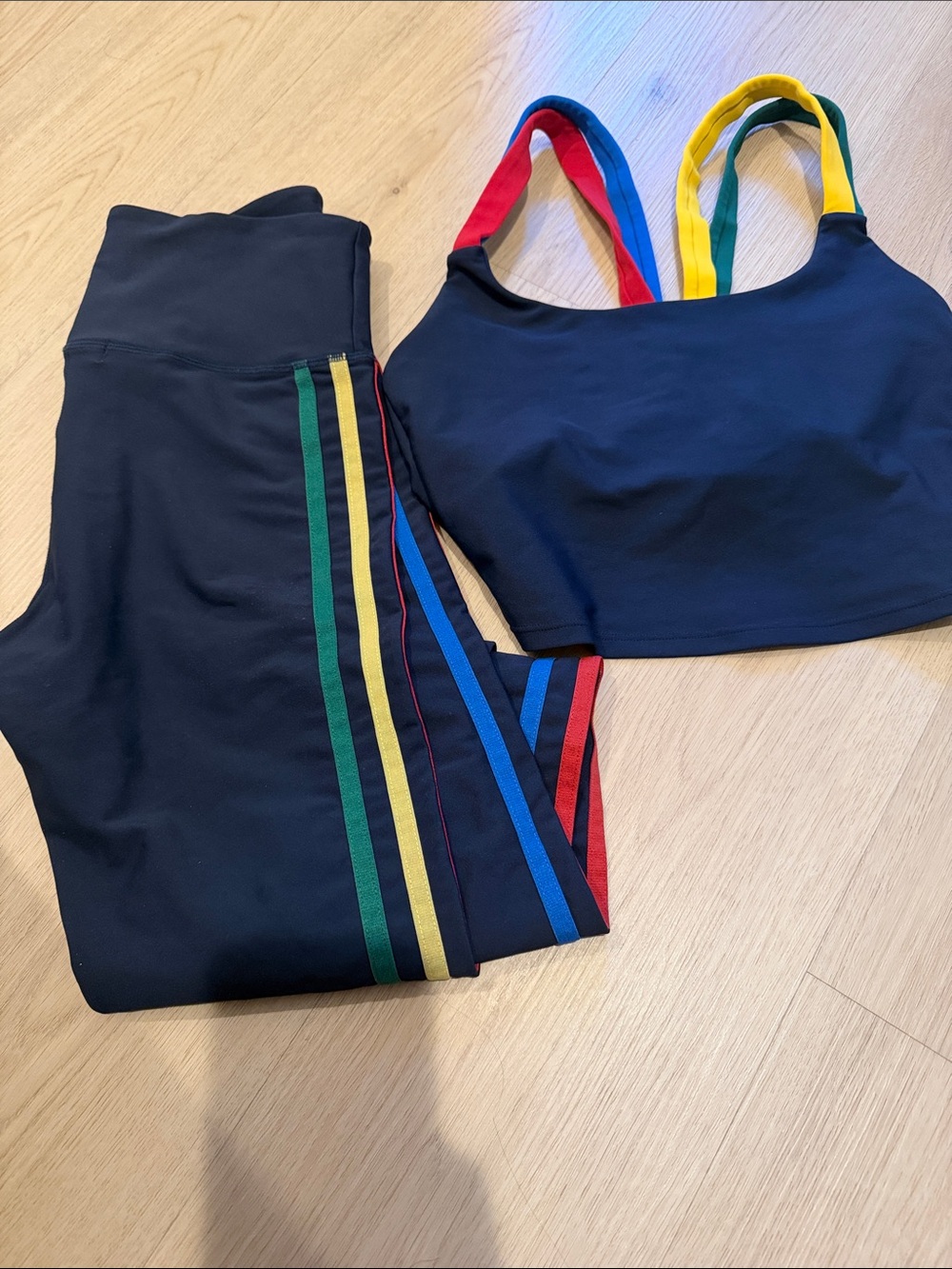 Navy Sports Bra and leggings with Rainbow Straps